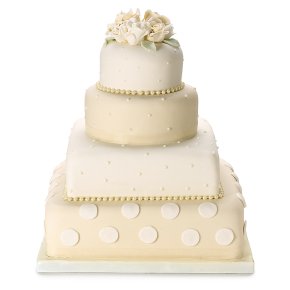Modern design four tiered cake with polka dots and roses decoration