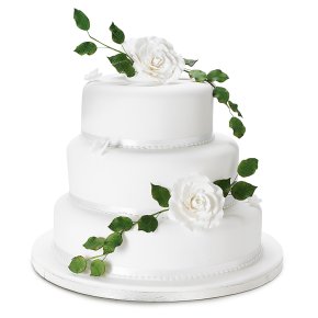 Wedding cake with white icing finished with sugar roses, trailing leaves and a white butterfly and a 