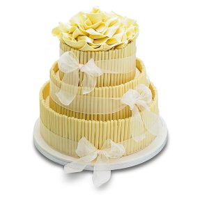 A tiered wedding cake made from sponge fingers and luxury white chocolate