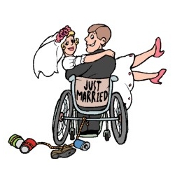 Bride and Groom in a wheelchair with just married sign