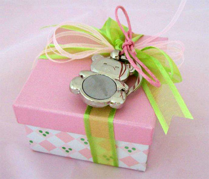 A children's key ring presented in a pink favour box